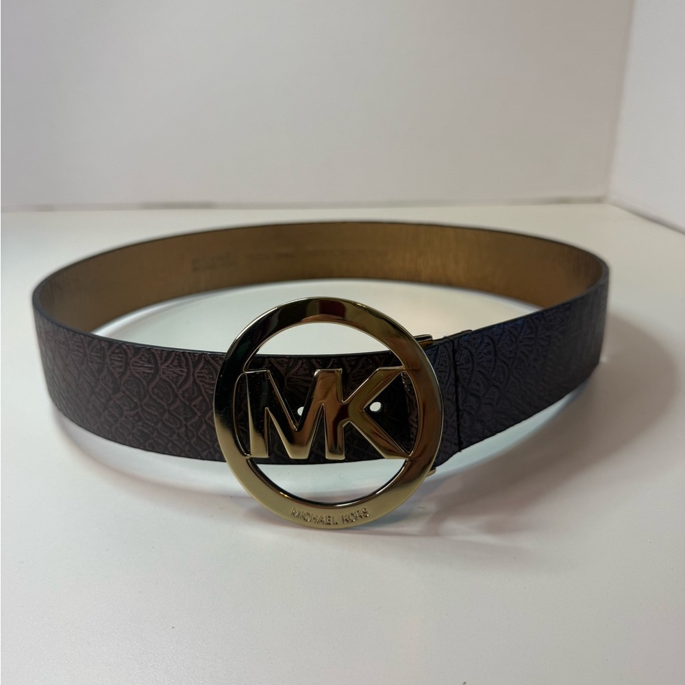 Michael Kors Dark Brown Leather Belt with Gold MK Circle Buckle size Small